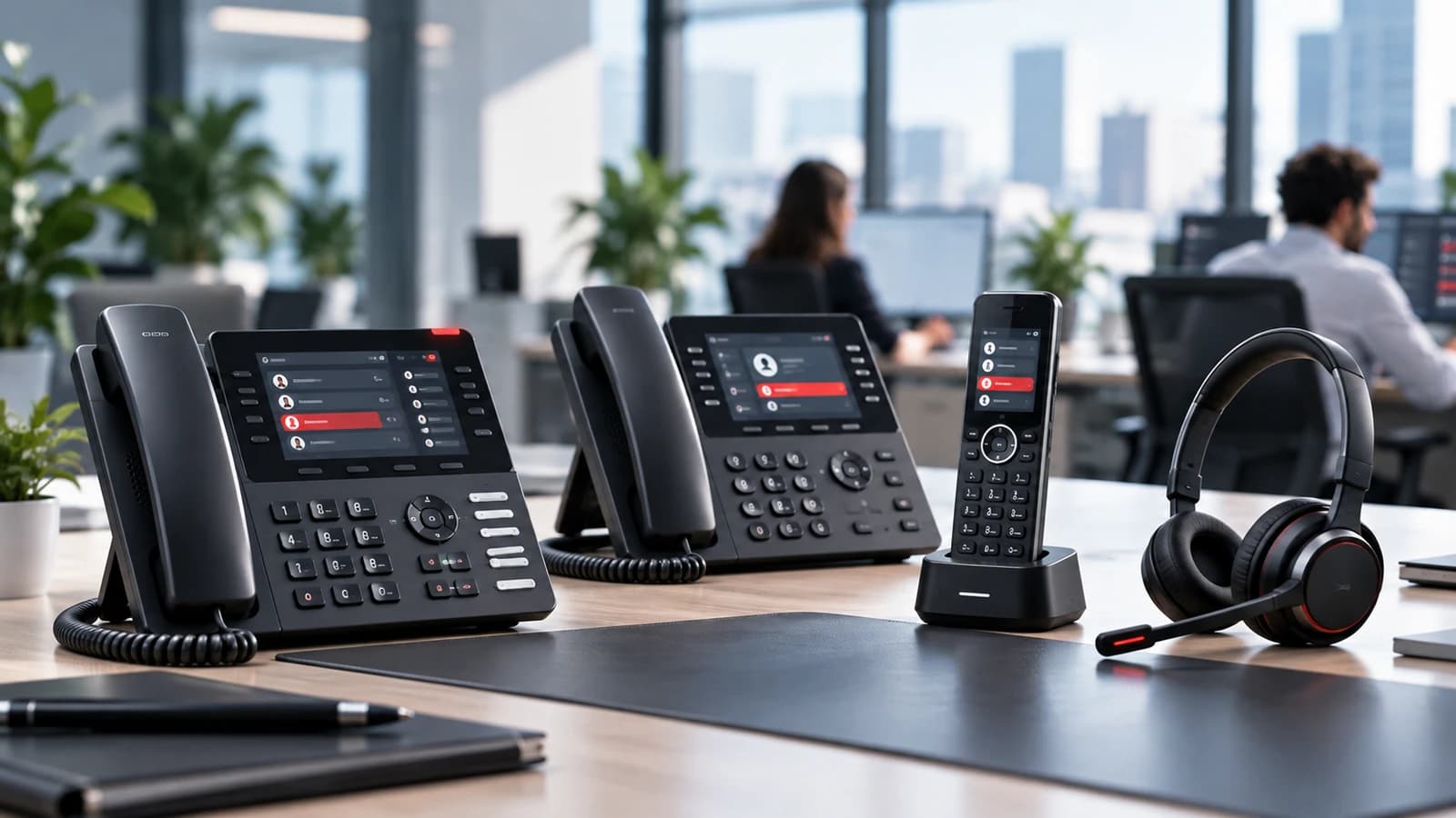 IP telefon, DECT cihazı ve profesyonel kulaklığın modern ofis ortamında birlikte gösterimi