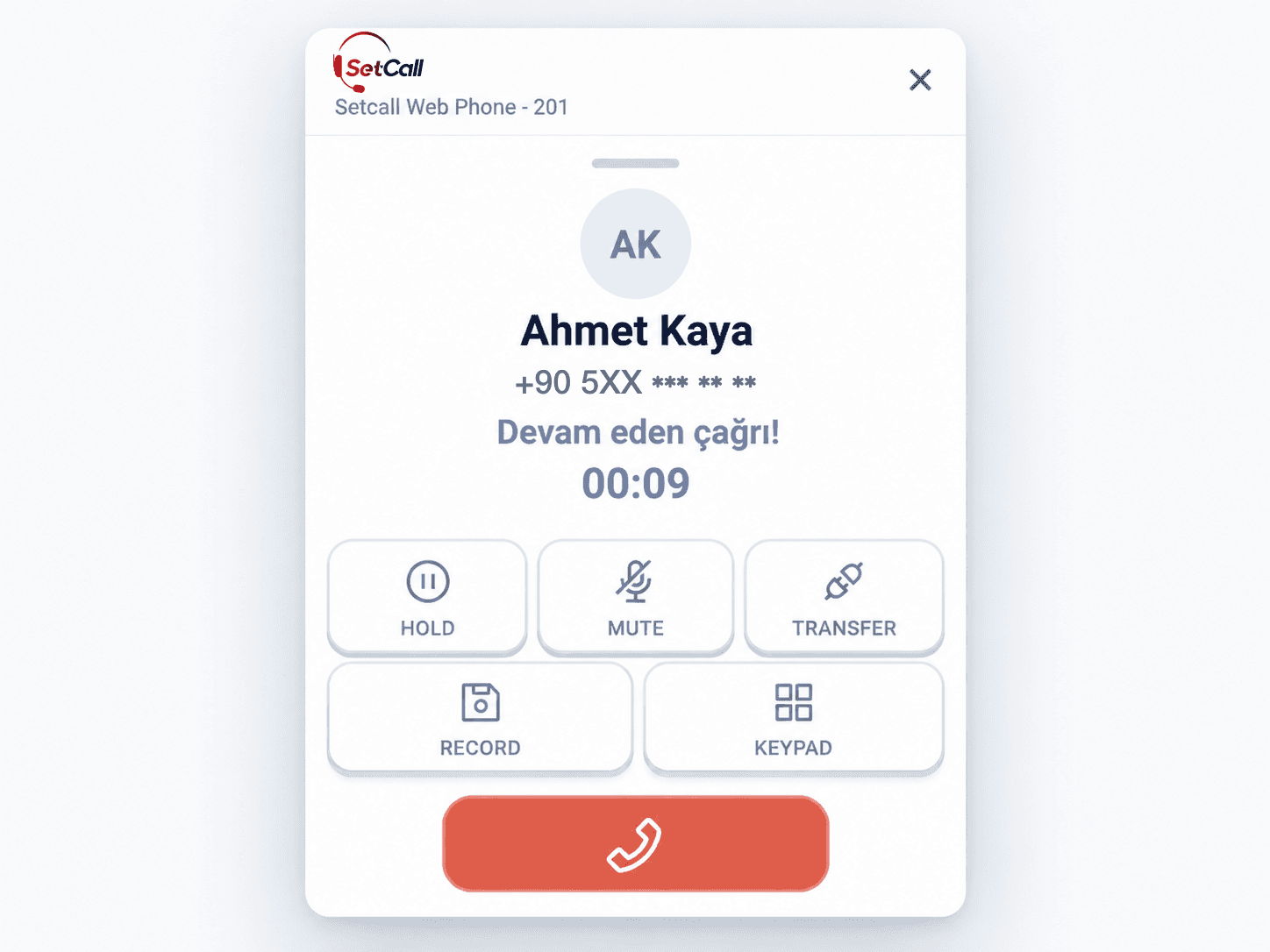 Setcall Web Phone görüşme penceresi: devam eden çağrı, bekletme, sessiz, aktarım, kayıt ve tuş takımı