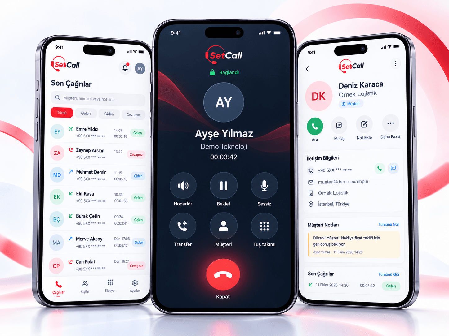 Setcall mobil uygulaması: son çağrılar, aktif görüşme ve müşteri kartı ekranları